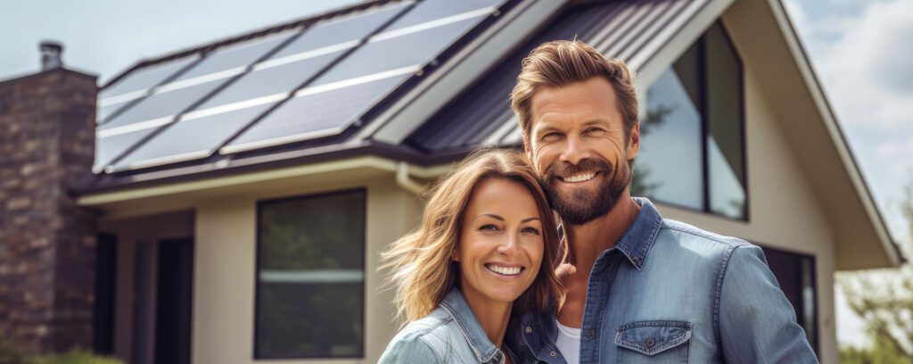 Couple standing in front of a house with solar panels on the roof