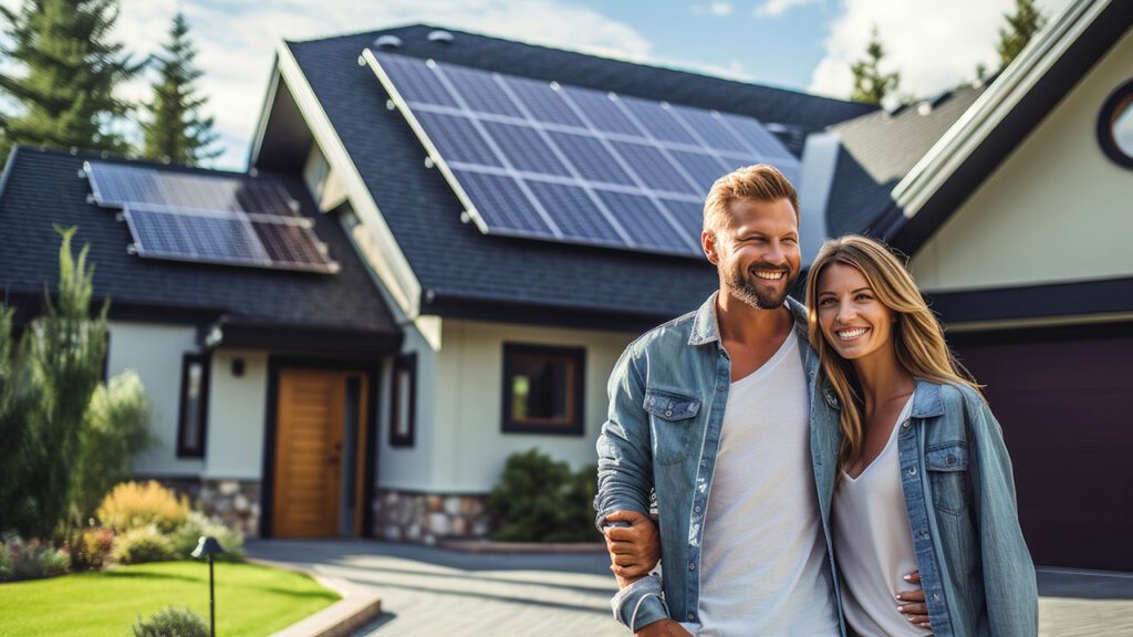 Happy couple standing in front of the house with solar panels